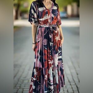 Jackson Rowe Navy, Rust & Pink Abstract Maxi Dress